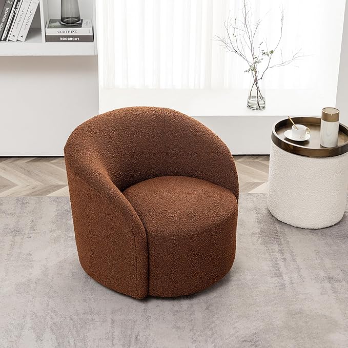 KINWELL 34" W Mid Century Modern Swivel Barrel Chair, Round Upholstered Boucle Swivel Accent Chairs, No Assembly Sofa Chair for Living Room Bedroom Reading Apartment Lounge Nursery
