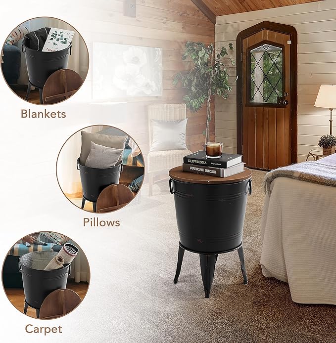 Rustic Storage Farmhouse Accent Side Table, Antique Galvanized Metal End Coffee Cocktail Table Box Bin with Round Wooden Lid Set of 2 (Black)