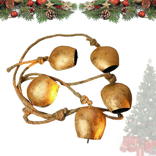 Harmony 5 Cow Bells Cluster on Rope - Large Rustic Vintage Lucky Cow Bells On Rope Wall Hanging Decor
