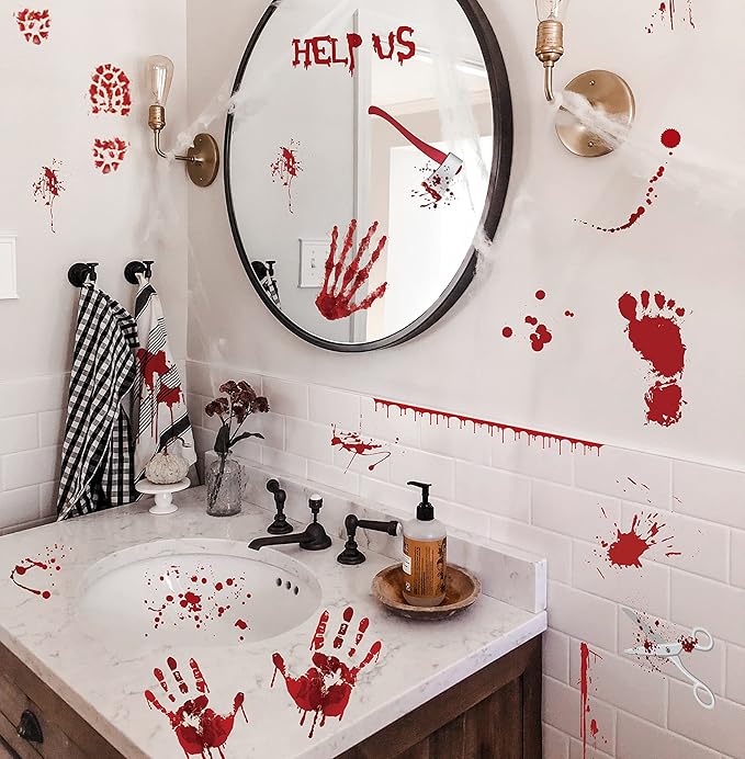 173PCS Halloween Bloody Footprints Floor Clings Plus Tattoos - Hallowmas Handprint Zombie Restroom Sign Decals Party Decorations