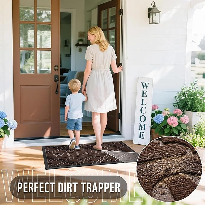 Yimobra Welcome Mat Outdoor Indoor, All-Season Waterproof Front Door Mat Outside Entrance, All-Weather Heavy Duty Non-Slip Doormat, Low Profile Porch Patio Entrance Mats, 47x32, Brown