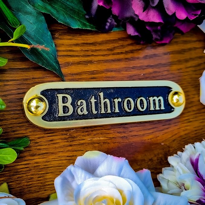 Bathroom Brass Door Sign. Traditional Style Home Décor Wall Plaque Handmade By The Metal Foundry UK.