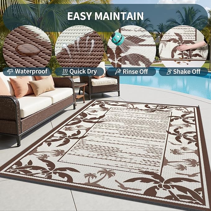 COCOER Outdoor-Rug 6x9 ft Waterproof Reversible Outdoor Plastic Straw Rug RV Indoor Outdoor Carpet Quick Dry Patio Rug Camping Mat for Balcony Backyard Picnic Beach-Brown&Beige