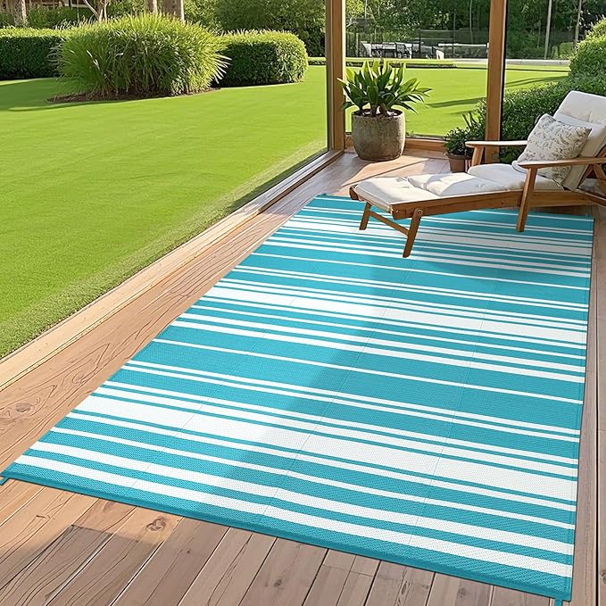 Outdoor Patio Rug 9x12 Stain-Resistant Reversible Camping Mat, Modern Striped Outdoor Plastic Straw Rug, Waterproof Outside Carpet, Easy to Clean for RV, Porch, Deck, Balcony, Light Blue