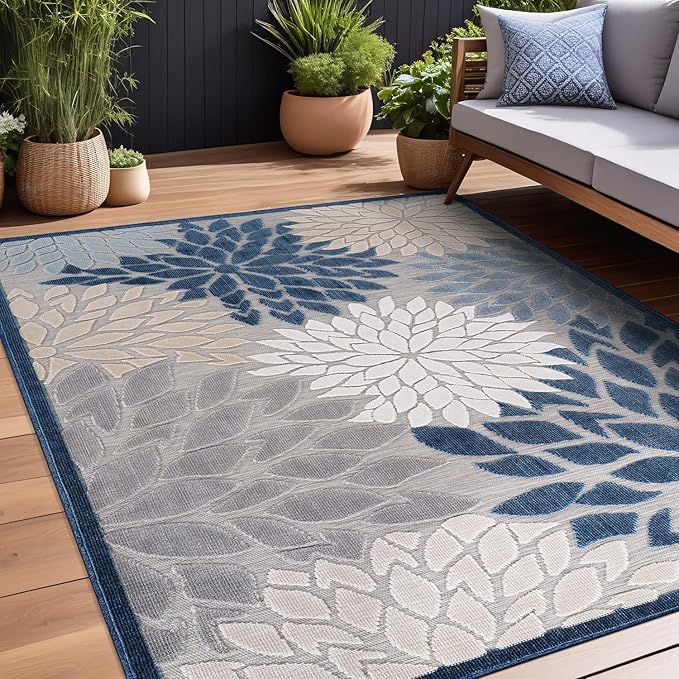 Beverly Rug Outdoor Rug 6x9 Modern Floral Tropical Area Rugs for Indoor and Outdoor Patio Easy to Clean Non Shedding Living Room Porch Garden Washable Outside Carpet (6 x 9 Blue)