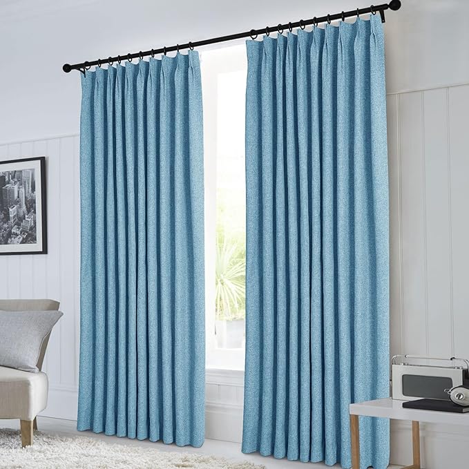 Macochico Pinch Pleated Blackout Curtains 102 Inches Long 100% Light Blocking Blue Linen Drapes for Bedroom Living Room Farmhouse Shabby Chic Burlap Curtains with Tieback 72”Wx102”L 1 Panel
