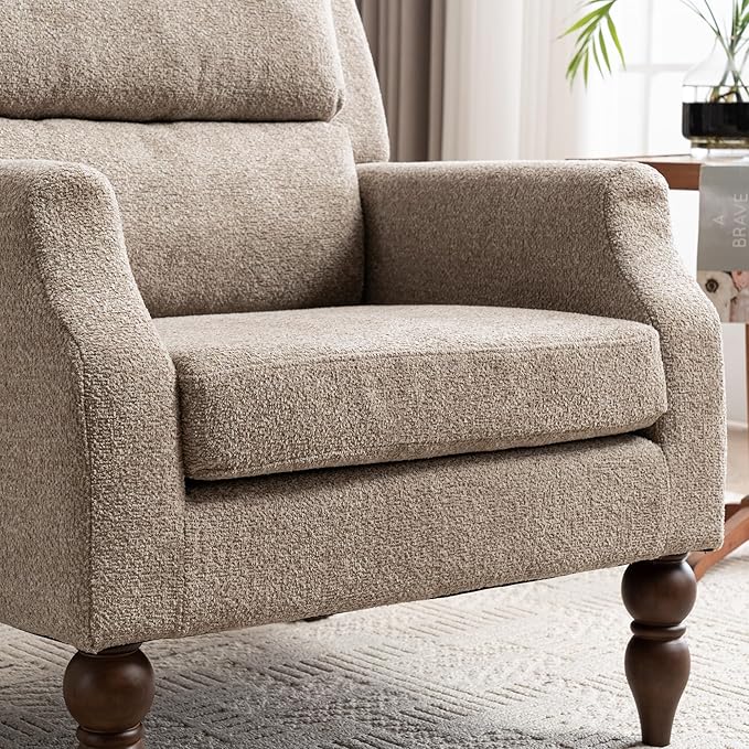 Kidol & Shellder Light Brown Oversized Accent Chair for Living Room Mid Century Modern Reading Chair with Back Upholstered Comfy Single Sofa Chair for Bedroom Lounge Side Corner Boucle Fabric Armchair