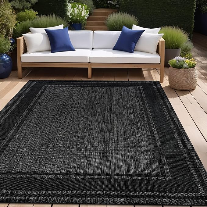 Beverly Rug Large Outdoor Rug 10x14 Modern Bordered Area Rugs for Indoor and Outdoor Patio Deck Porch Garden Waterproof Weather Sun Resistant Washable Outside Carpet (10 x 14 Black)