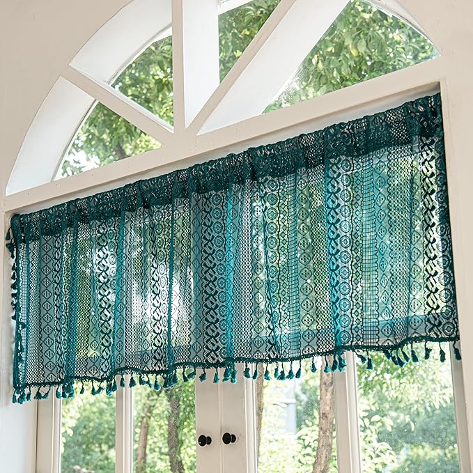 Sutuo Home Boho Valance Curtains for Kitchen Crochet Lace Sheer Bohemian Hollow Knitted with Tassels, Privacy Vintage Rustic Farmhouse Drapes, Rod Pocket 1 Panel 59" W x 18" L, Turquoise