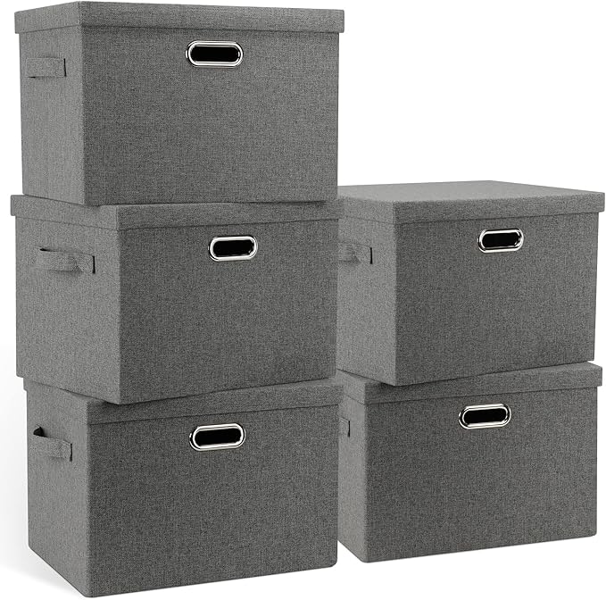 Large 17" 36 Quart Collapsible Stackable Storage Bins with Lids, 5 Packs Gray Foldable Fabric Closet Storage Boxes with Lids, Heavy-duty Linen Cube Baskets(17 x 12 x 11)