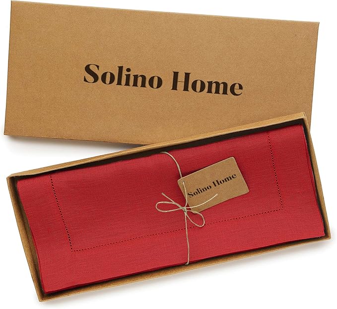 Solino Home Linen Red Table Runner 48 Inches - Classic Hemstitch, 100% Pure Linen Coffee Table Runner 14 x 48 Inch Ideal for Dresser Tables