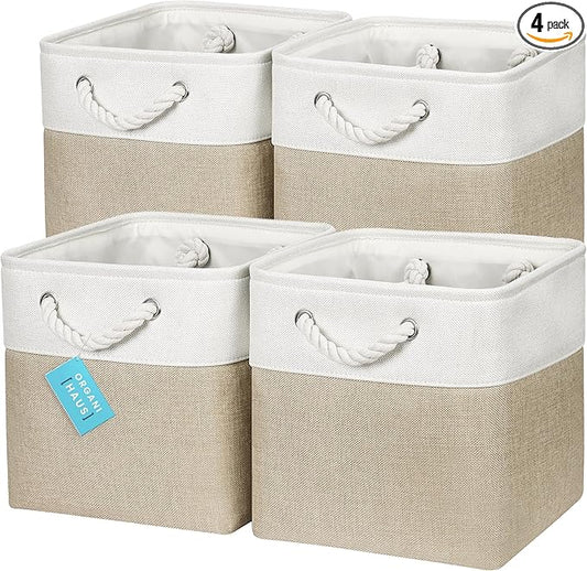 OrganiHaus 11x11 Cube Storage Bins 4 Pack, Foldable Cube Storage Organizer w/ Rope Handles, Collapsible Fabric Bins for Toys, Clothes & Closet Organization, Fabric Square Baskets - Beige/White