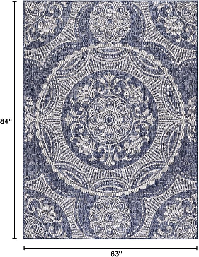 Medallion Outdoor Rug 5x7 Washable Outside Carpet for Indoor Patio Porch Waterproof Easy Cleaning Non Shedding Area Rugs Blue 5 x 7