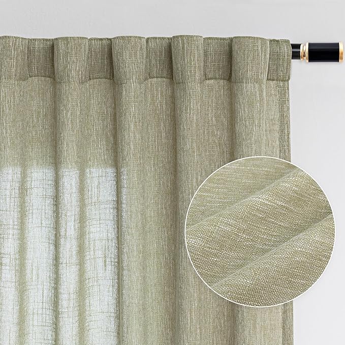 MYSKY HOME Sage Green Sheer Curtains Short Window Treatment Panels Light Filtering Semi Sheer Curtains Boho Farmhouse Style Texture Soft Touch Kitchen Drapes Set, 50" Wide x 63" Long, 2 Panels