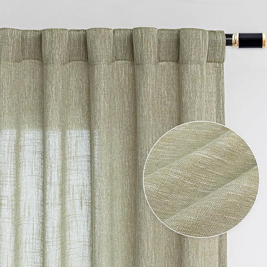 MYSKY HOME Sage Green Living Room Curtains 95 Inches Long Semi Sheer Drapes Light Filtering for Sliding Glass Door Window Treatments Soft Linen Look Country Farmhouse Style, 50" x 95", 2 Pieces