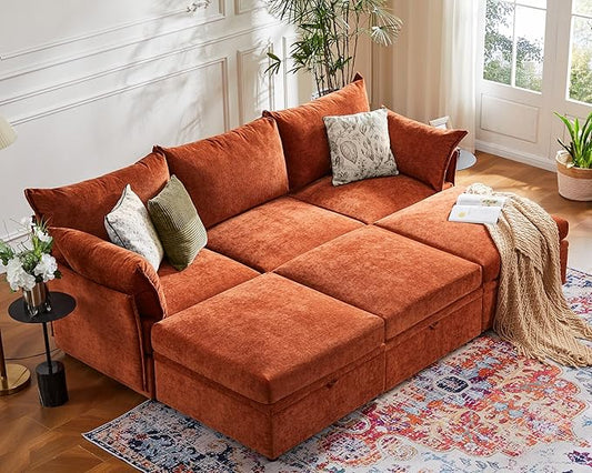 102.6" Luxury Modular Sleeper Sofa Bed 6 Seat Reversible Sectional Couch Deep Seat with Storage Chaises Removable Cover for Living Room, Apartment - Chenille Terracotta Orange
