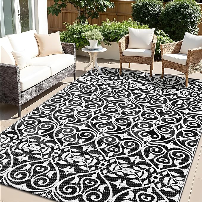 OLANLY Outdoor Rug Waterproof 5x8 ft Clearance, Reversible Outdoor Plastic Straw Rug with Floral Pattern, RV Mat for Patio, Camping, Balcony, Deck, Backyard, Black & White