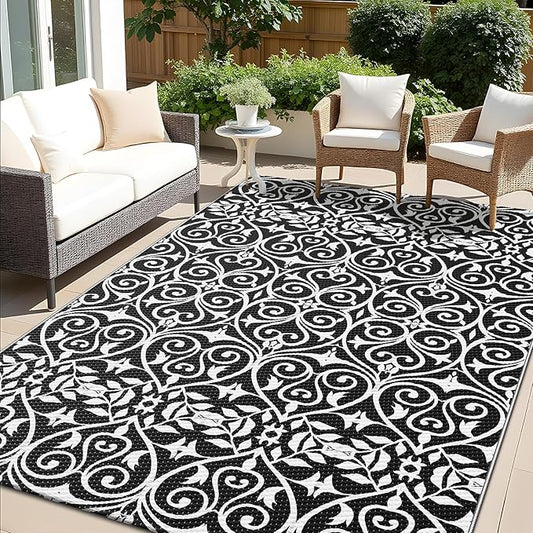 OLANLY Outdoor Rug Waterproof 5x8 ft Clearance, Reversible Outdoor Plastic Straw Rug with Floral Pattern, RV Mat for Patio, Camping, Balcony, Deck, Backyard, Black & White