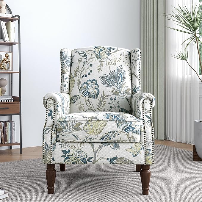 Lumibee High Back Accent Chair Set of 2, Armchair in Fabric,Comfy Upholstered Wingback Single Sofa Reading Chairs with Solid Wood Legs for Living Room,Bedroom,Office-Plants Blue