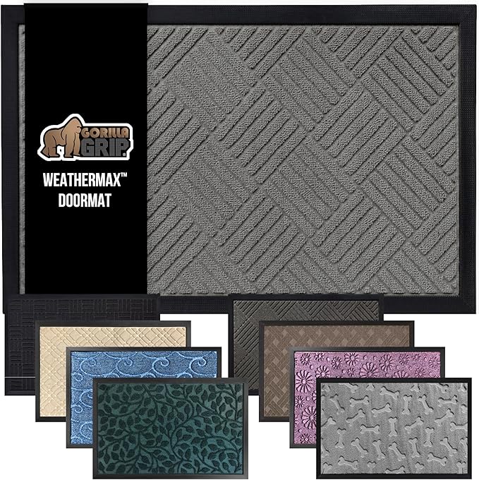 GORILLA GRIP 100% Waterproof All-Season WeatherMax Doormat US Designed Natural Rubber, Stain and Fade Resistant, Low Profile Indoor Outdoor Door Mats, Easy Clean Patio Mat, 17x29, Steel Diamond