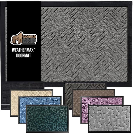 GORILLA GRIP 100% Waterproof All-Season WeatherMax Doormat US Designed Natural Rubber, Stain and Fade Resistant, Low Profile Indoor Outdoor Door Mats, Easy Clean Patio Mat, 17x29, Steel Diamond