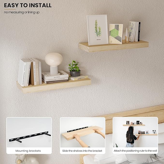 Natural Wood Floating Shelves 16”x 8”x 1.4” Book Shelf Floating for Wall Mounted, Heavy Duty Shelf Hold 35 lbs, Unfinished Wall Shelves for Bathroom, Living Room, Kitchen, Bedroom, Office
