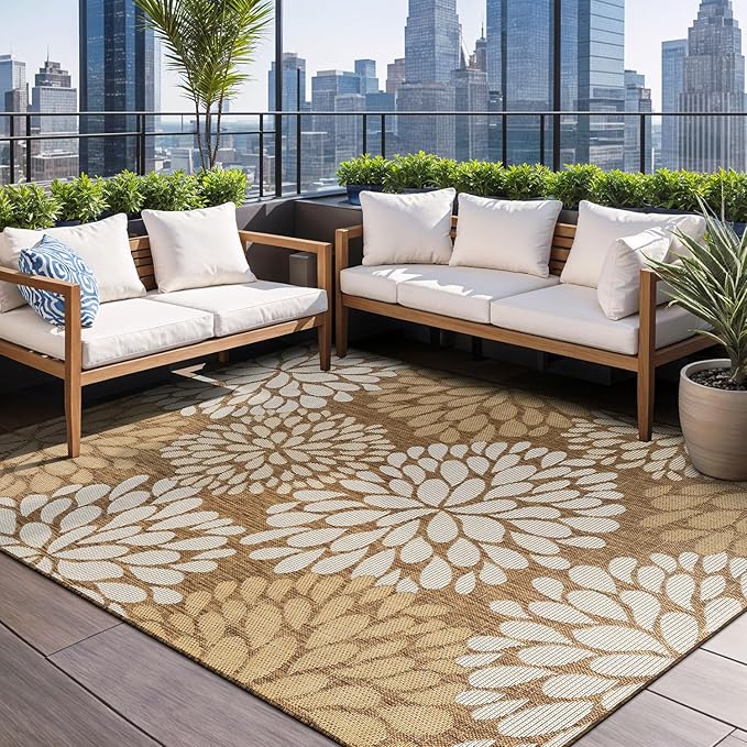 Beverly Rug Outdoor Rug 5x7 Modern Exotic Tropical Leaf Area Rugs for Indoor and Outdoor Patio Deck Porch Garden Water Resistant Washable Outside Carpet (5 x 7 Wooden)