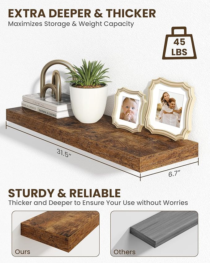 Marsmiles 31.5" Floating Shelves for Wall, Wooden Shelves with Invisible Brackets Set of 2, Rustic Farmhouse Wall Mounted Shelf for Kitchen Bathroom Living Room Study, Rustic Brown