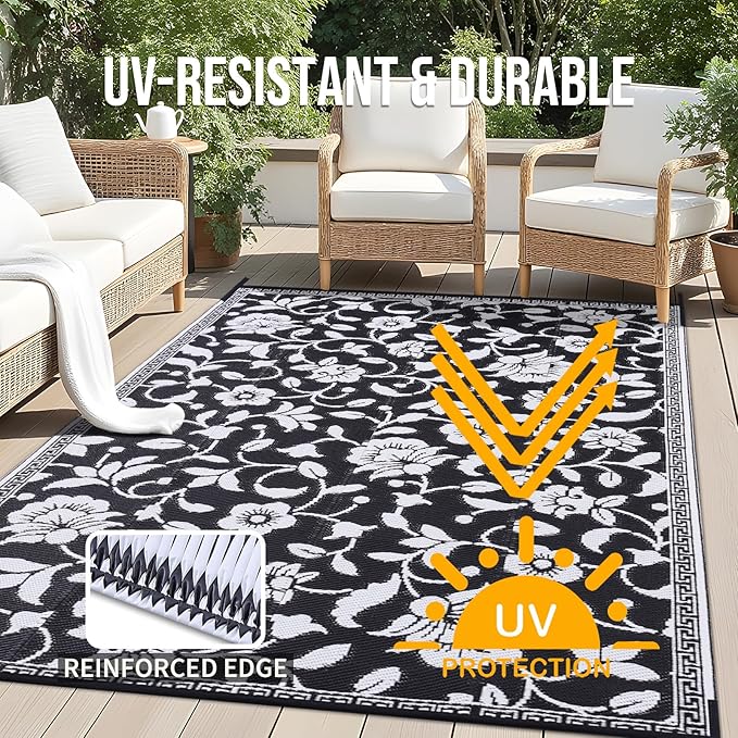 OLANLY Waterproof Outdoor Rug 8x10 ft, Outdoor Plastic Straw Rug with Flower Pattern, Reversible RV Mat for Patio, Camping, Balcony, Deck, Backyard, Black & White