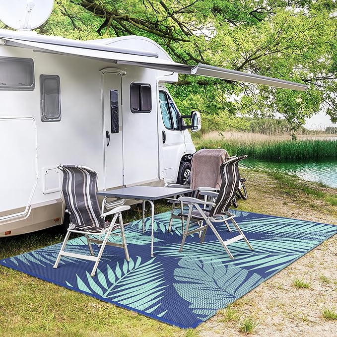 GENIMO Outdoor Rug 5' x 8' Waterproof for Patios Clearance, Reversible Outdoor Plastic Straw Camping Rug Carpet, Large Area Rugs Mats for RV, Camper, Deck, Balcony, Porch, Beach, Royal Blue&Blue Green