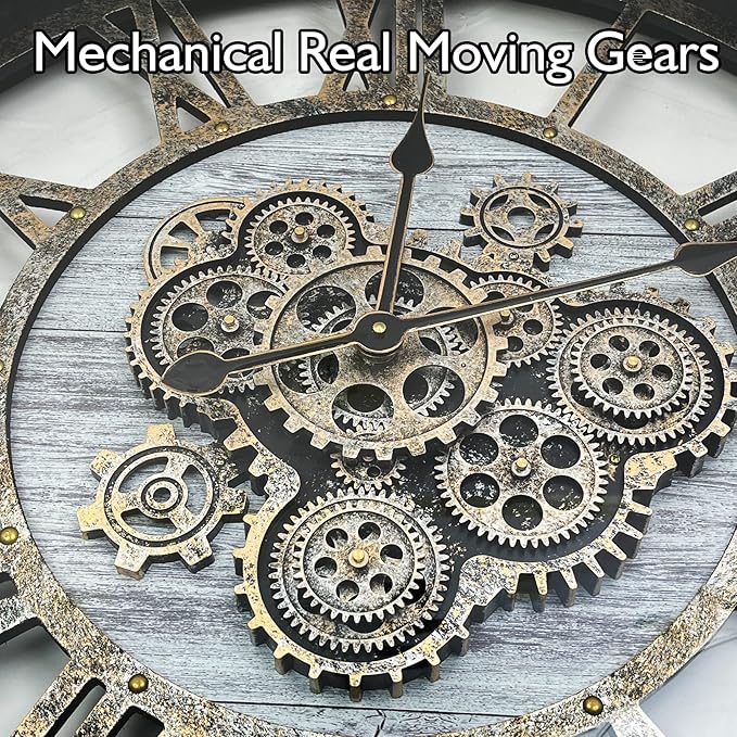 DORBOKER 24" Large Wall Clock with Moving Gears,Oversize Vintage Industrial Rustic Farmhouse Clocks for Living Room Decor Office Home,Solid Wood HD Tempered Glass Cover,Silver Grey