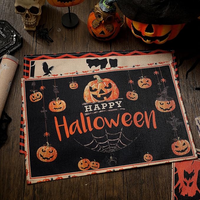 Umigy 6 Pcs Halloween Placemats 12"x18" Gothic Bat Placemats Kitchen Decoration Washable Witch Place Mats Rectangle Skull Table Mats for Halloween Dining Table Accessories(Classic)
