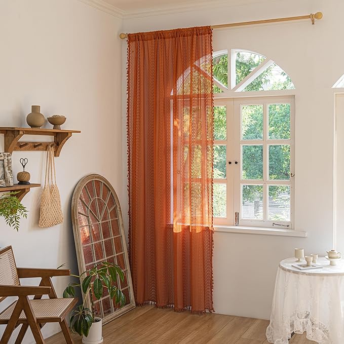 Sutuo Home Boho Curtains for Bedroom Living Room Kitchen,Crochet Lace Sheer Bohemian Hollow with Tassels,Window Treatment Drapes for Halloween Decor, Rod Pocket 1 Panel 59" W x 96" L, Burnt Orange