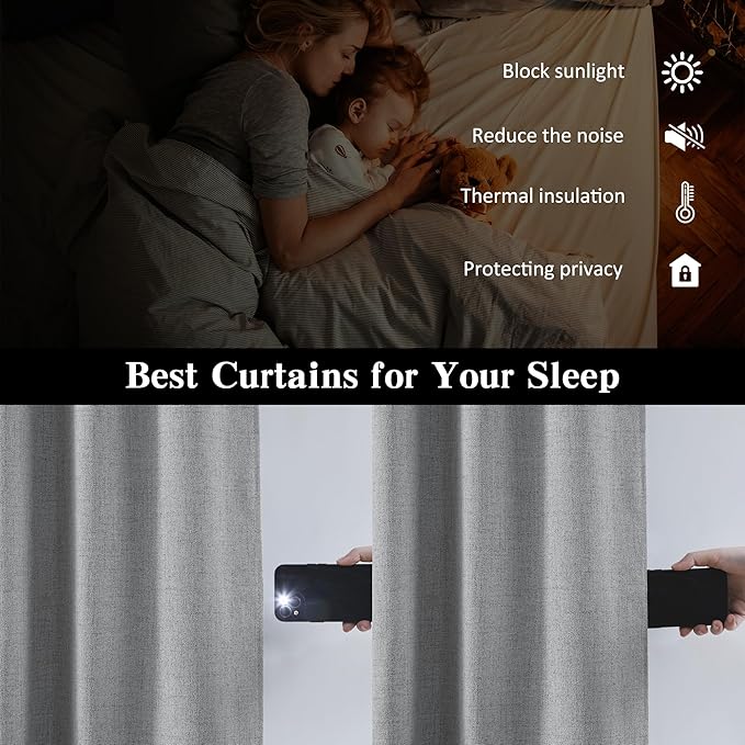 RAIN CITY 84 Inch Long Blackout Curtains 2 Panels Set,70 Inch Wide Back Tab Pleated Curtains with Hooks Track System,Energy Efficinet Linen Blend Drapes for Dining Room Hoom Office 70x84,Grey