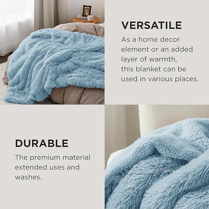 Bedsure GentleSoft Fuzzy Sherpa Faux Fur Blue Twin Blanket Cozy Gifts for Women Men, Soft Fleece Plush Warm Minky Thick Blanket Twin Size for Bed, Couch, Room Decor Dorm Essentials Blue Gifts, 60x80