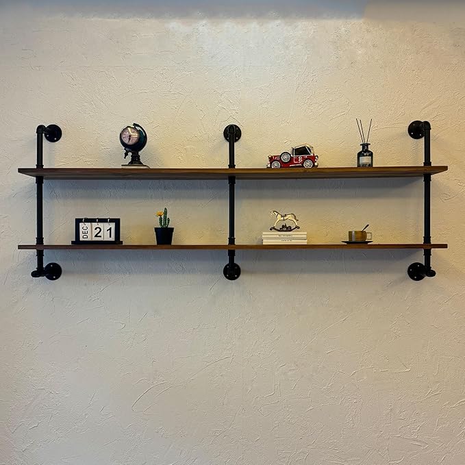 Industrial Pipe Wall Shelves Pipe Shelving with Real Wood Plank,70 Inches Floating Shelves for Wall Farmhouse Pipe Book Shelves Dark Brown 2 Tier for Kitchen,Living Room Decor and Bar Shelving