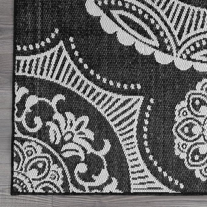 Medallion Outdoor Rug 8x10 Washable Outside Carpet for Indoor Patio Porch Waterproof Easy Cleaning Non Shedding Area Rugs Black 8 x 10
