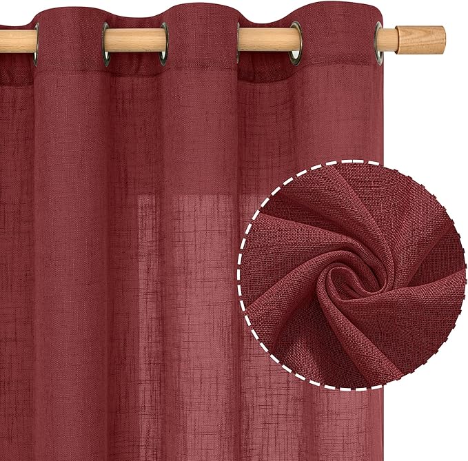 LAMIT Sheer Linen Curtains 63 Inch Length for Bedroom, Light Filtering Christmas Decor Panels Bronze Grommet Linen Textured Drapes for Living Room/Farmhouse, 2 Panels Set, 52 x 63 Inch, Burgundy Red
