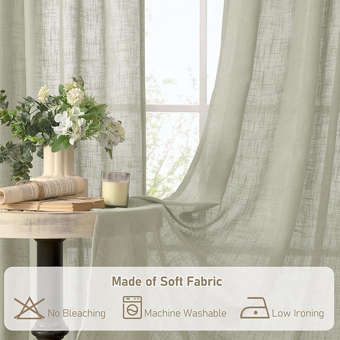LAMIT Linen Curtains for Living Room 84 Inch Length, Bronze Grommet Light Filtering Semi Sheer Drapes Neutral Rustic Farmhouse Boho Panels for Bedroom, 2 Panels, Sage Grey, 52 x 84 Inch