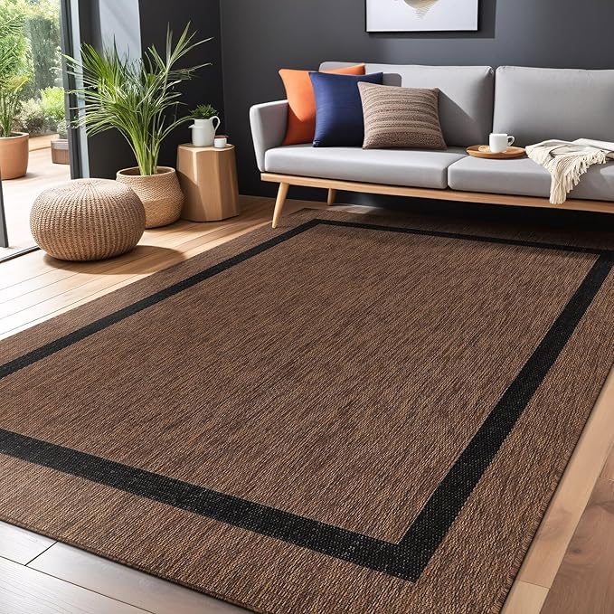 Bordered Outdoor Rug 6x9 Washable Outside Carpet for Indoor Patio Porch Waterproof Easy Cleaning Non Shedding Area Rugs Nut Brown - Black 6 x 9