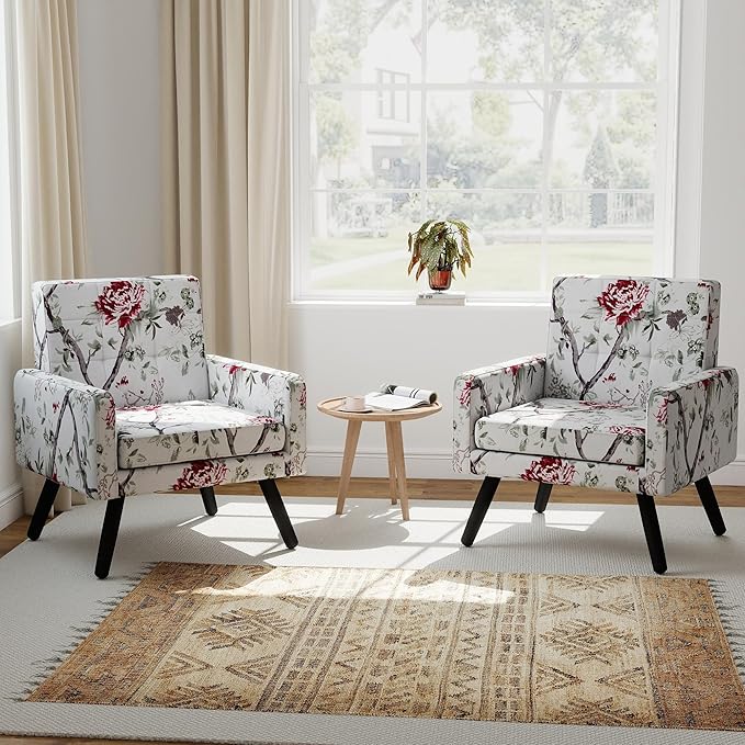 Kromax Mid-Century Modern Accent Chair Set of 2 for Living Room, 496 Lb. Weight Capacity, Dual Armrests, Comfy Extra Large Seat, Timeless Style Perfect for Reading & Relaxing, Red Floral