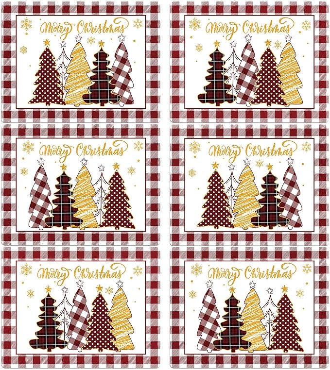 Winter Christmas Placemats Set of 6 Merry Christmas Watercolor Buffalo Plaid Plastic Table Mats Red Gold Xmas Trees Place Mat Holiday Table Decoration for Indoor Outdoor Party Kitchen Dining