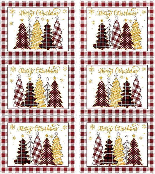 Winter Christmas Placemats Set of 6 Merry Christmas Watercolor Buffalo Plaid Plastic Table Mats Red Gold Xmas Trees Place Mat Holiday Table Decoration for Indoor Outdoor Party Kitchen Dining