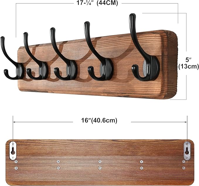 SKOLOO Rustic Wall Mounted Coat Rack with 16 Inch Mounting Hole Distance, Pine Solid Wood Coat Hook Hanger - 5 Hooks for Hanging Clothes Robes Towels Coats