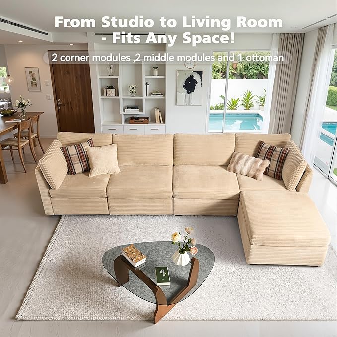 Modular Sectional Sofa, 130.7" L Shaped Couch Set for Living Room, 4-Seater Comfy Cloud Couches with Movable Ottoman, DIY Combination, Plush Corduroy, Beige
