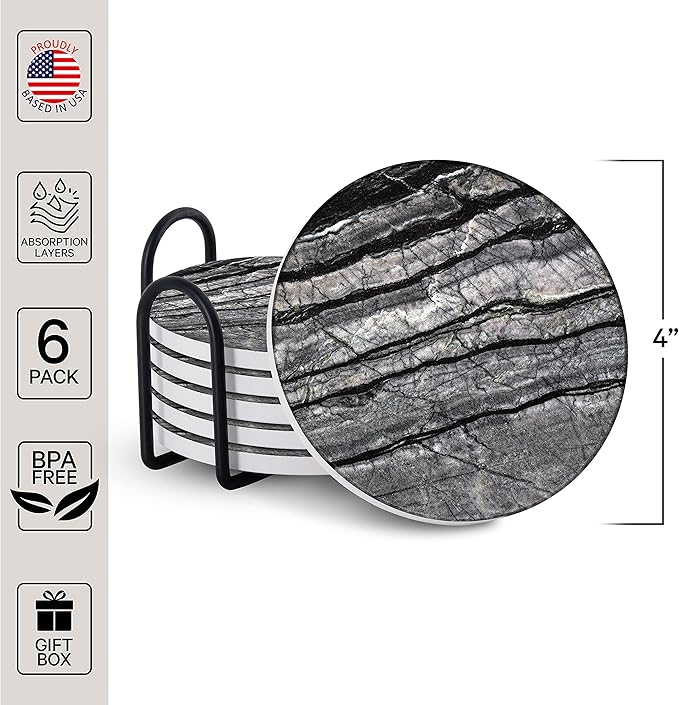 Emerson Coasters for Drinks Absorbent – Natural Stone Drink Coasters Set with Holder, Coasters for Coffee Table, Wooden Tabletop Protection Marble Style – 100% Heavy Duty Set of 6 (Obsidian)