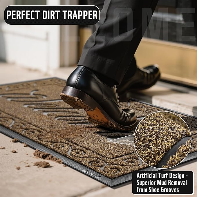 Yimobra Welcome Mat, Heavy Duty Sturdy Door Mats for Home Entrance Outdoor Indoor, Front Doormat for Outside Patio Floor Entry Porch Garage Office, Waterproof, Low Profile, 47X32 Inches, Beige Brown