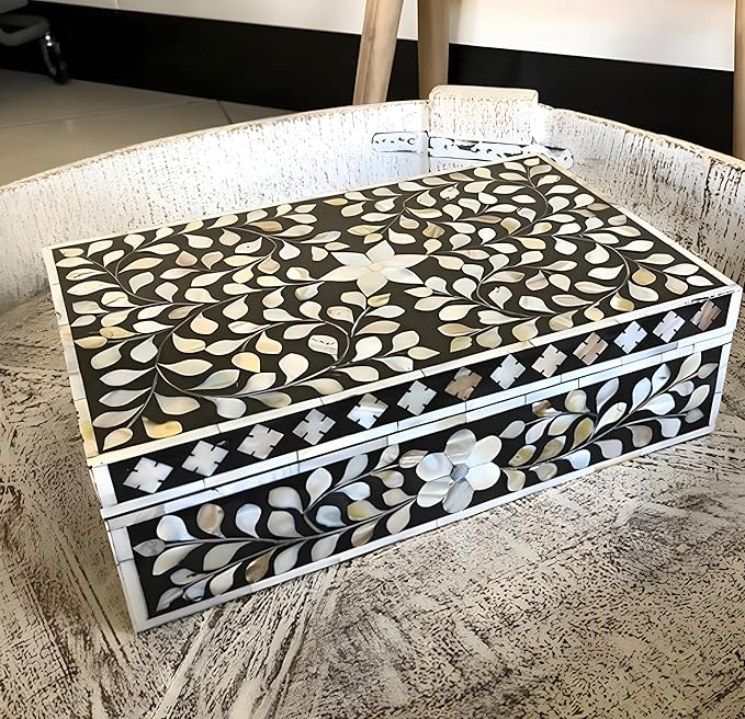 Decorative Wooden Storage Box with Mother of Pearl Inlay – Elegant Floral Design – Perfect for Home Décor in Living Room, Dining Area, or Bedroom (Black, 12x8x5 inches)