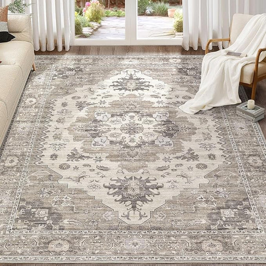Washable Area Rugs for Living Room -7x10 Neutral Vintage Distressed Floral Farmhouse Boho Large Soft Floor Rug Indoor Non Slip Carpet for Living Room Bedroom Dining Room Office-Brown/Beige