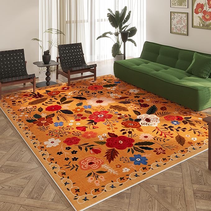 Area Rugs 8x10 Rug for Living Room Clearance Washable Boho Area Rug Non Slip Floral Vintage Low Pile Large Rug for Living Room, Bedroom, Farmhouse, Dining Room, Kids Playroom(Yellow)